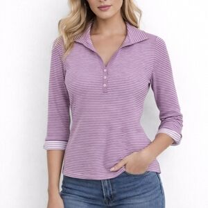 Loro Piana Shirt Lilac Stripe Polo 3/4 Contrast Sleeve Size 42